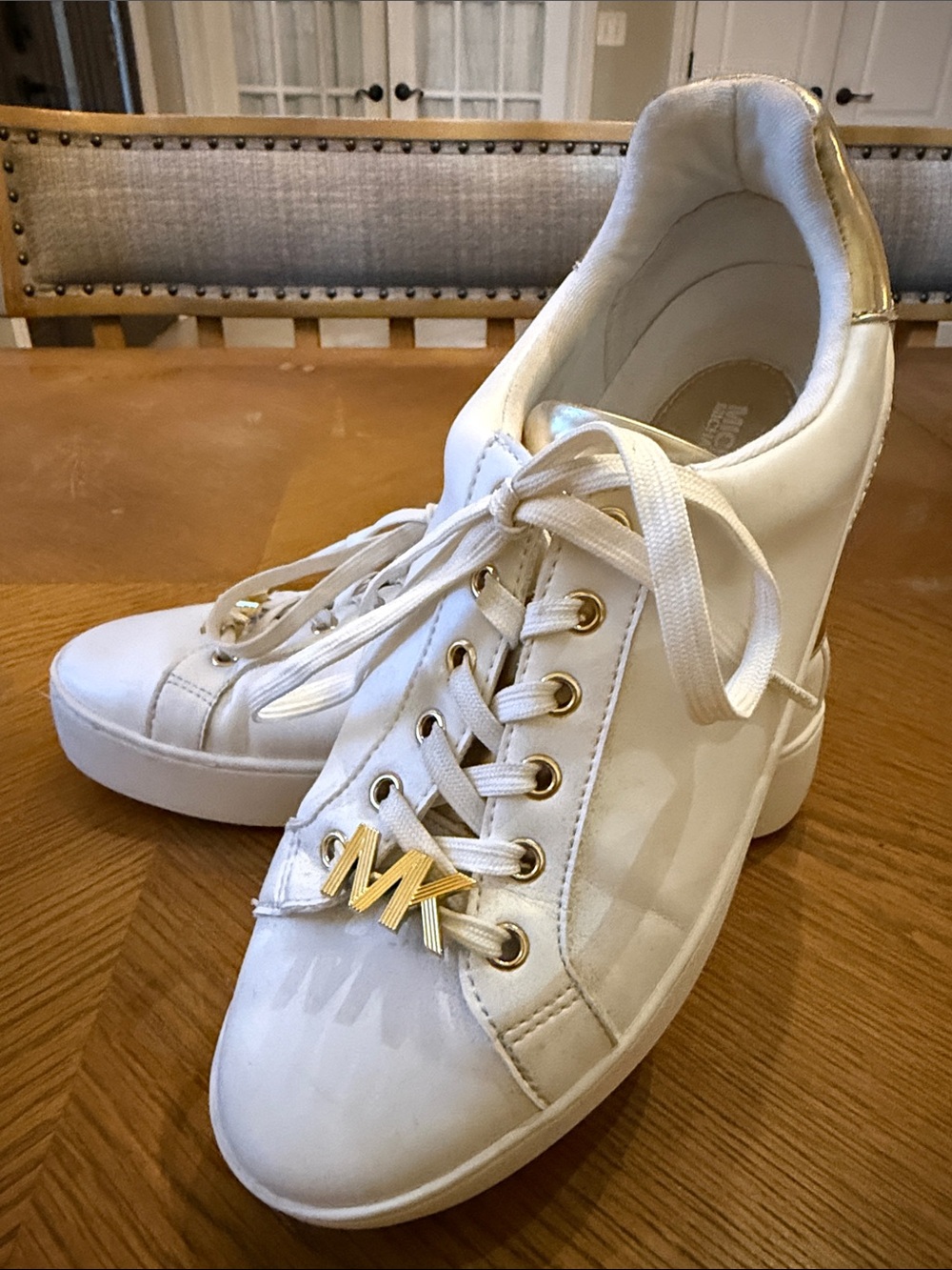 Michael Kors White Women's Fashion Sneakers with Gold Trim - MK Charm